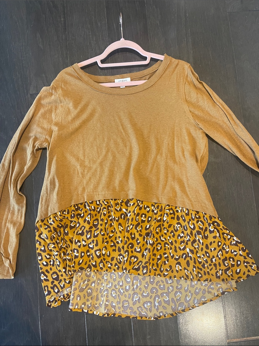 Umgee Mustard Long Sleeve Top with Leopard Ruffle Hem